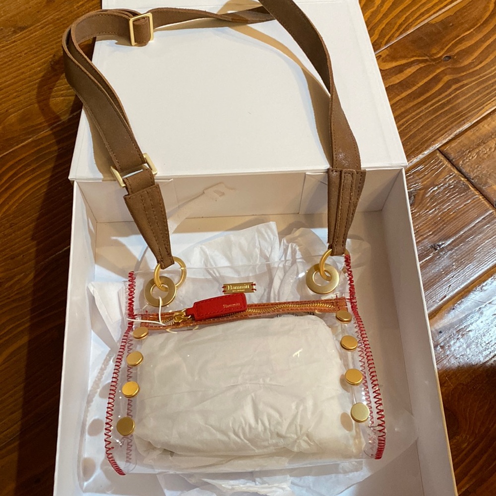 Hammitt Los Angeles Tony Small clear purse with brown leather strap, red accents